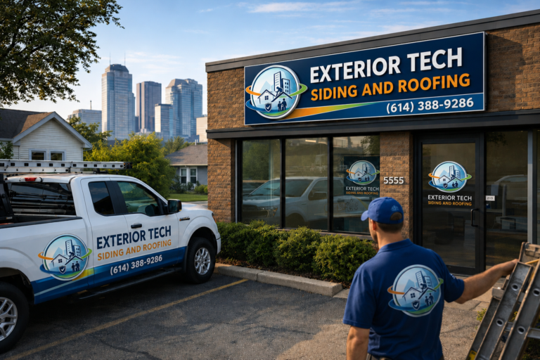 An Exterior Tech crew member, geared up in uniform, stands by the company’s white work truck parked outside the Exterior Tech Siding and Roofing office. The logo’s clearly marked on both the truck and building. You can spot a city skyline behind them—looks like a solid day for tackling some roofs. - Exterior Tech Roofing
